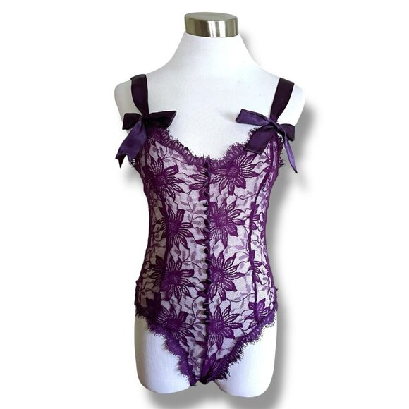 Victoria's Secret Other - Vintage Victorias Secret Gold Label Teddy Sz Small Purple Lace Sheer Bow Straps